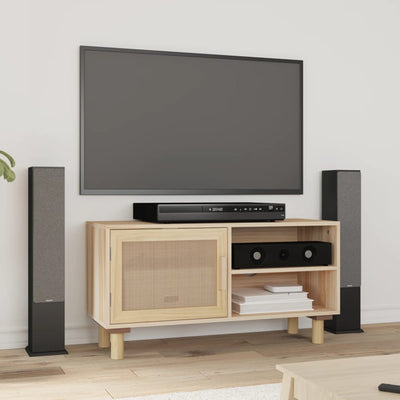 vidaXL TV Cabinet Black 80x30x40 cm Solid Wood Pine and Natural Rattan