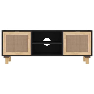 vidaXL TV Cabinet Black 105x30x40 cm Solid Wood Pine&Natural Rattan
