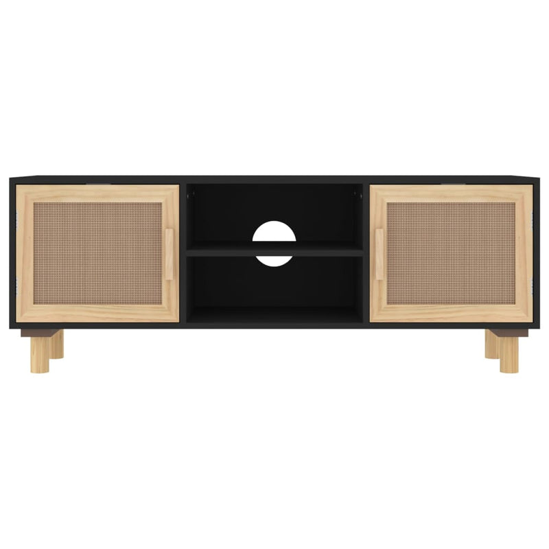 vidaXL TV Cabinet Black 105x30x40 cm Solid Wood Pine&Natural Rattan