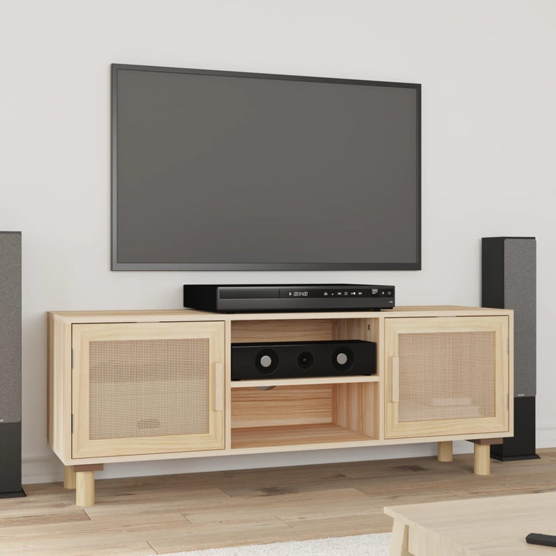 vidaXL TV Cabinet Black 105x30x40 cm Solid Wood Pine&Natural Rattan