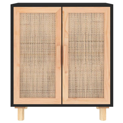 vidaXL Sideboard Black 60x30x70 cm Solid Wood Pine and Natural Rattan
