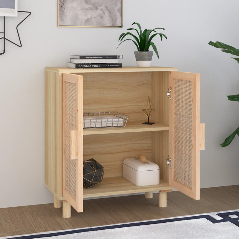 vidaXL Sideboard Black 60x30x70 cm Solid Wood Pine and Natural Rattan