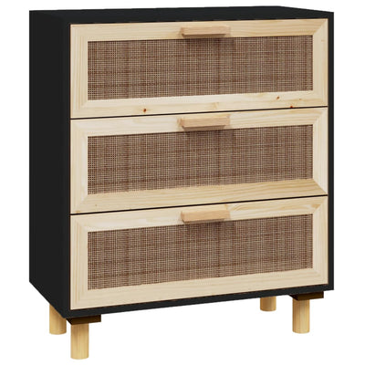 vidaXL Sideboard Black 60x30x70 cm Solid Wood Pine and Natural Rattan