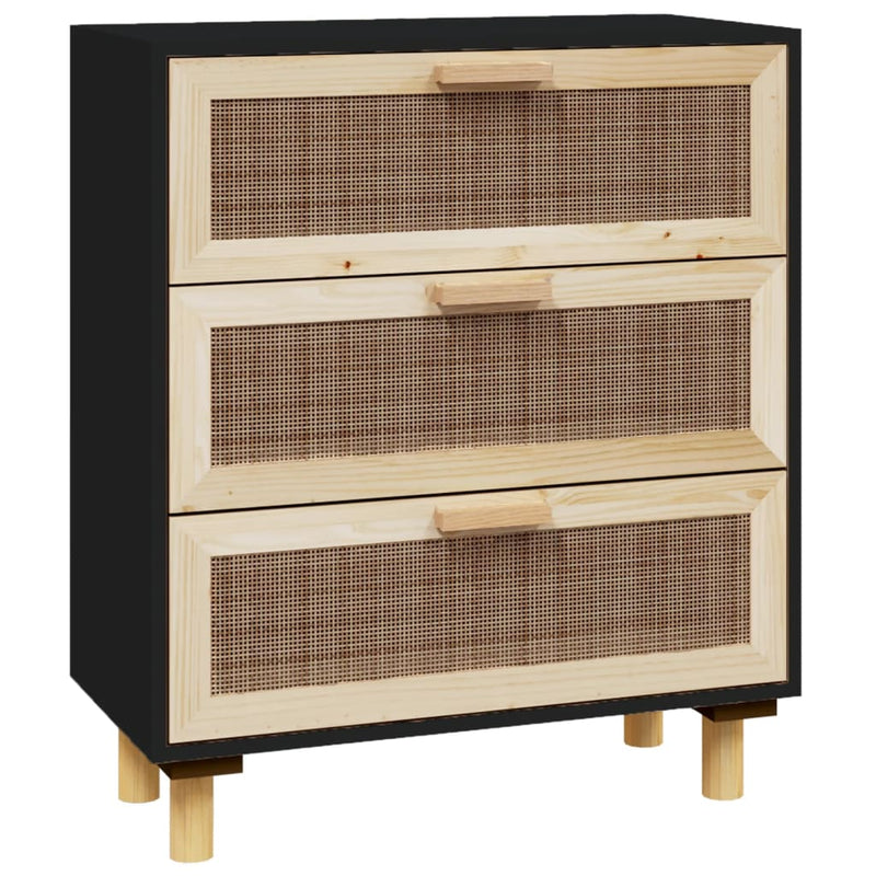 vidaXL Sideboard Black 60x30x70 cm Solid Wood Pine and Natural Rattan