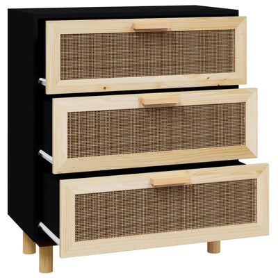 vidaXL Sideboard Black 60x30x70 cm Solid Wood Pine and Natural Rattan