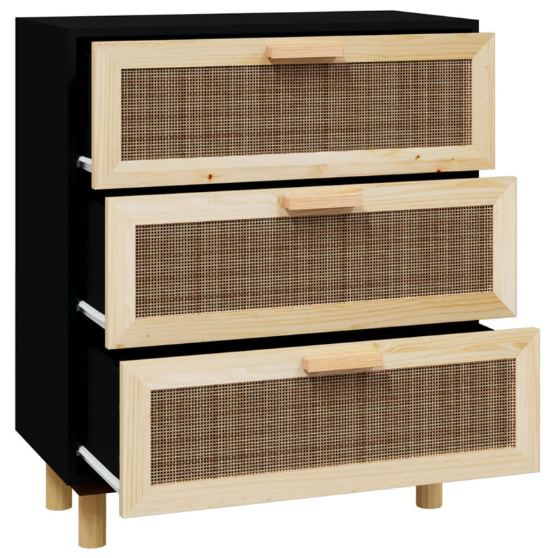 vidaXL Sideboard Black 60x30x70 cm Solid Wood Pine and Natural Rattan