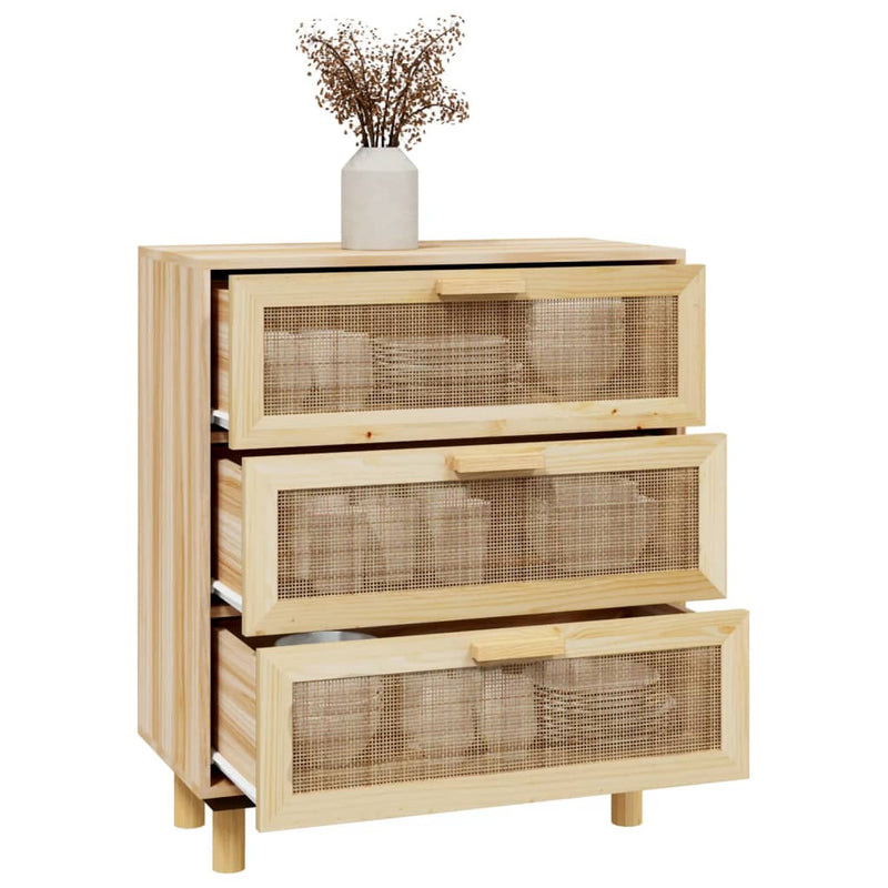 vidaXL Sideboard Black 60x30x70 cm Solid Wood Pine and Natural Rattan