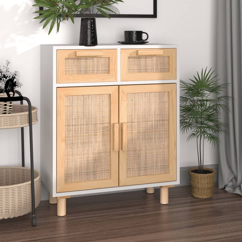 vidaXL Sideboard Black 60x30x75 cm Solid Wood Pine and Natural Rattan