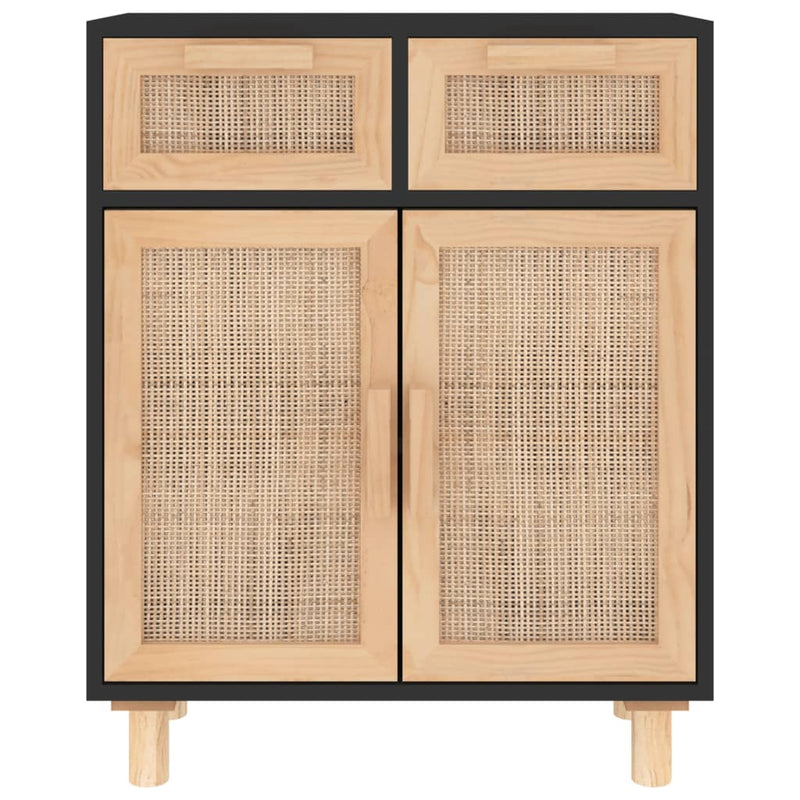 vidaXL Sideboard Black 60x30x75 cm Solid Wood Pine and Natural Rattan