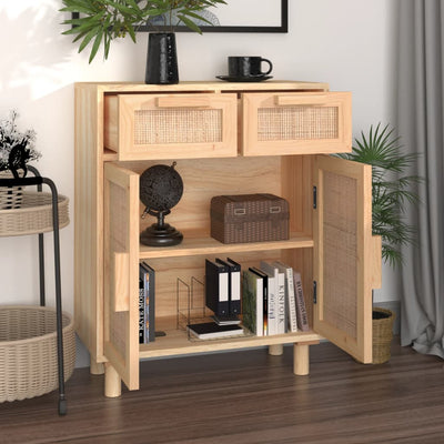 vidaXL Sideboard Black 60x30x75 cm Solid Wood Pine and Natural Rattan