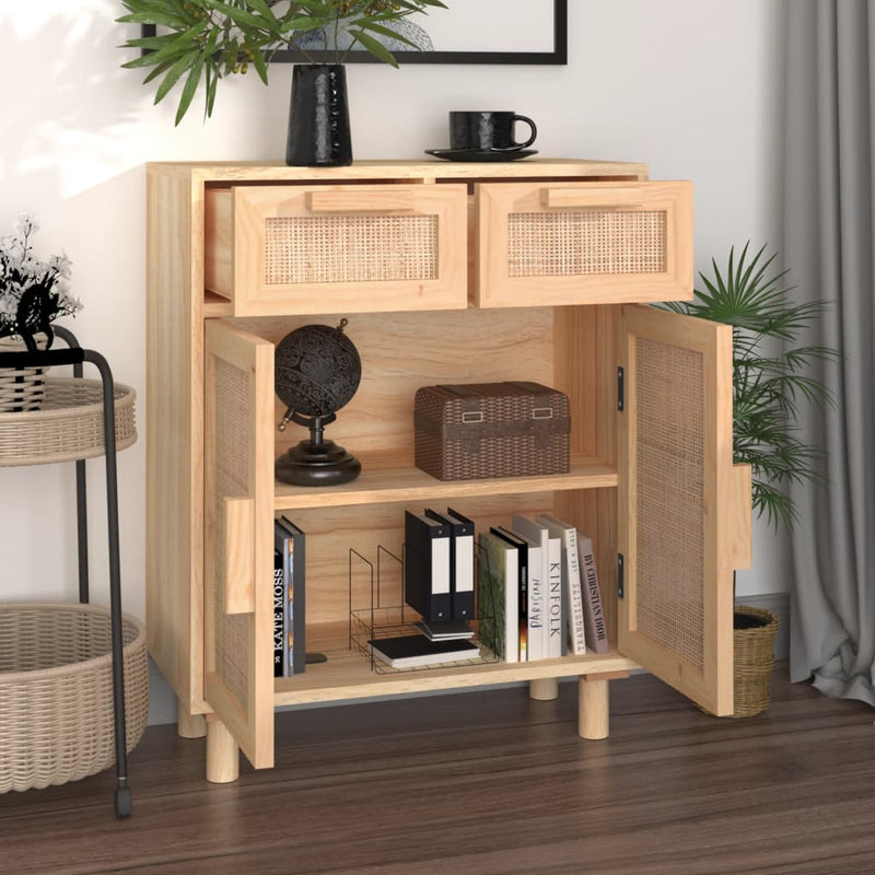 vidaXL Sideboard Black 60x30x75 cm Solid Wood Pine and Natural Rattan