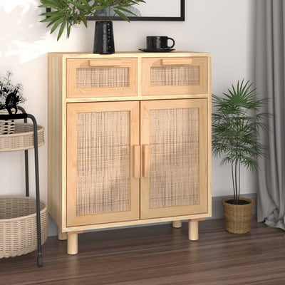 vidaXL Sideboard Black 60x30x75 cm Solid Wood Pine and Natural Rattan