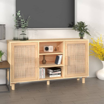 vidaXL Sideboard Black 105x30x60 cm Solid Wood Pine and Natural Rattan