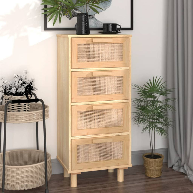 vidaXL Sideboard Black 40x30x90 cm Solid Wood Pine and Natural Rattan