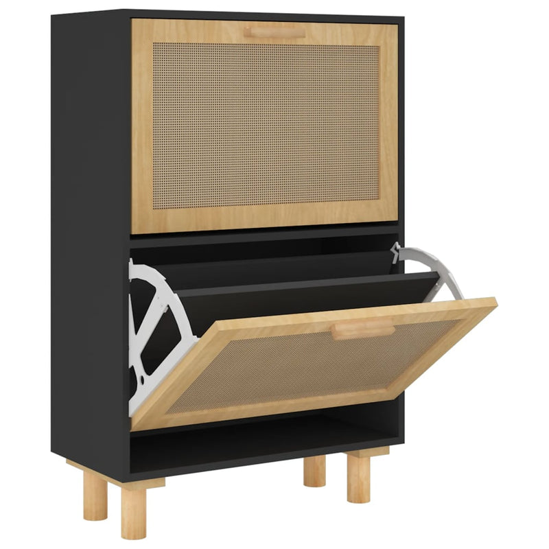 vidaXL Shoe Cabinet Black 52x25x80 cm Engineered Wood and Natural Rattan