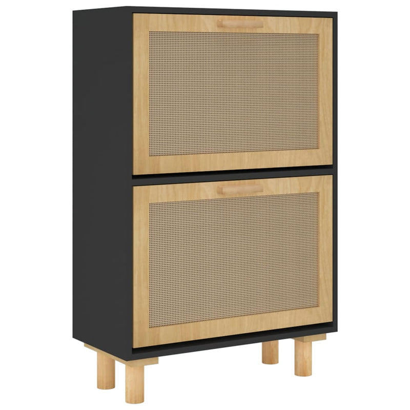 vidaXL Shoe Cabinet Black 52x25x80 cm Engineered Wood and Natural Rattan