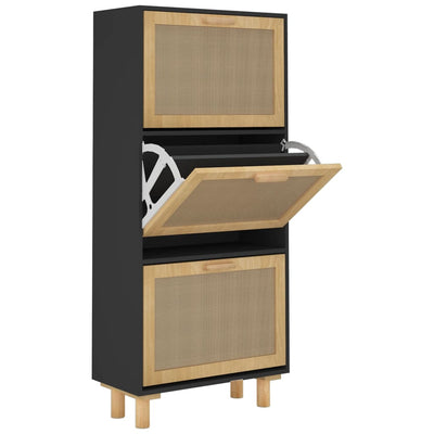 vidaXL Shoe Cabinet Black 52x25x115 cm Engineered Wood and Natural Rattan