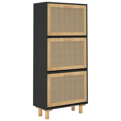 vidaXL Shoe Cabinet Black 52x25x115 cm Engineered Wood and Natural Rattan