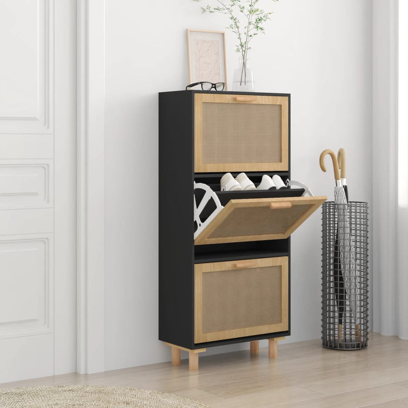 vidaXL Shoe Cabinet Black 52x25x115 cm Engineered Wood and Natural Rattan