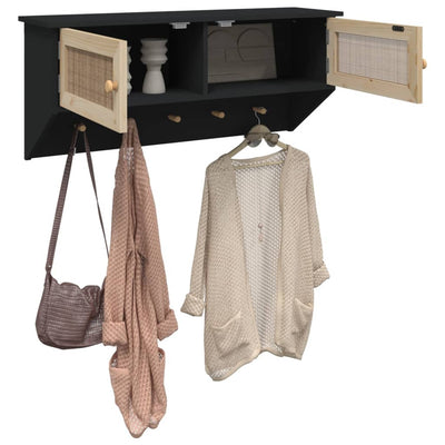 vidaXL Wall-mounted Coat Rack Black Engineered Wood and Natural Rattan