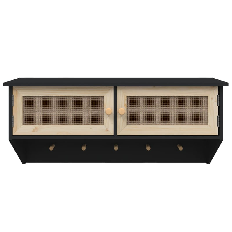 vidaXL Wall-mounted Coat Rack Black Engineered Wood and Natural Rattan