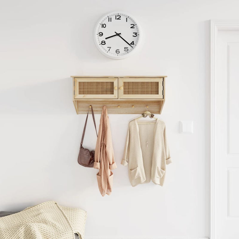 vidaXL Wall-mounted Coat Rack Black Engineered Wood and Natural Rattan