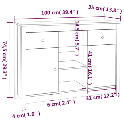 vidaXL Sideboard 100x35x74.5 cm Solid Wood Pine