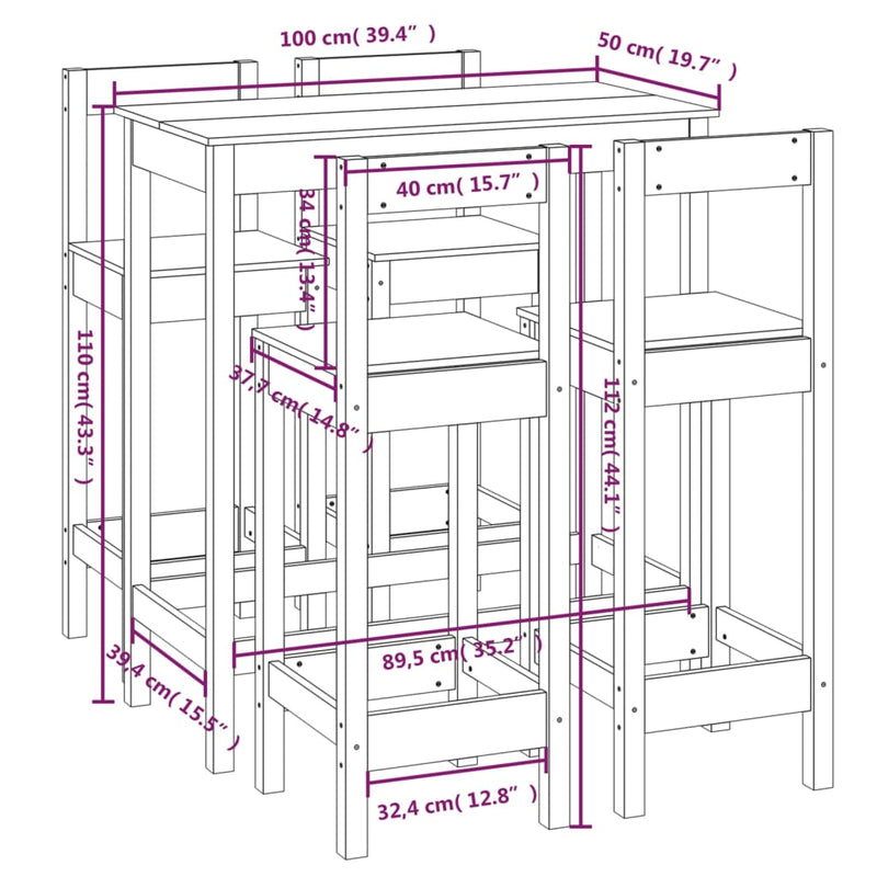 vidaXL 3 Piece Bar Set Solid Wood Pine