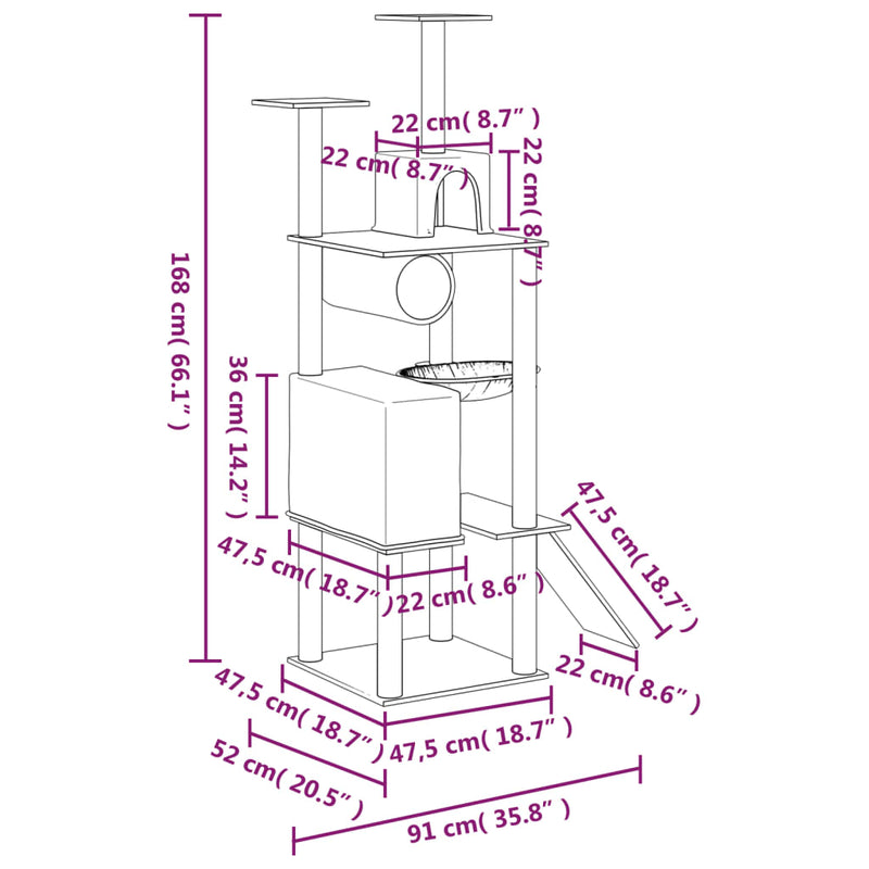 vidaXL Cat Tree with Sisal Scratching Posts Light Grey 168 cm