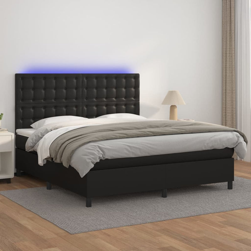 vidaXL Box Spring Bed with Mattress&LED Black 137x187 cm Double Size Faux Leather
