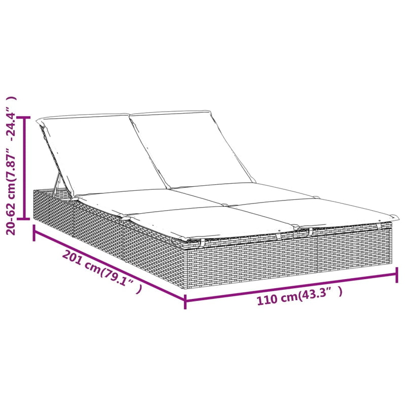 vidaXL 2-Person Sunbed with Cushions Grey Poly Rattan