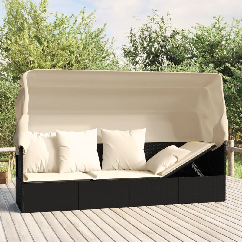 vidaXL Outdoor Lounge Bed with Roof and Cushions Brown Poly Rattan