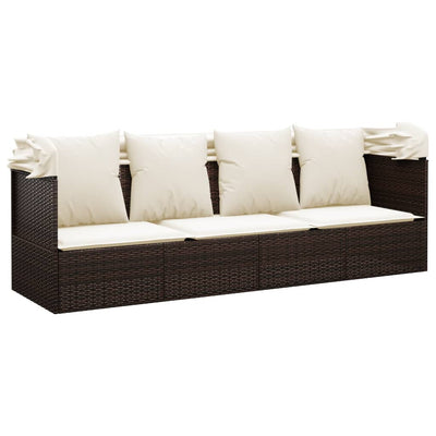 vidaXL Outdoor Lounge Bed with Roof and Cushions Brown Poly Rattan
