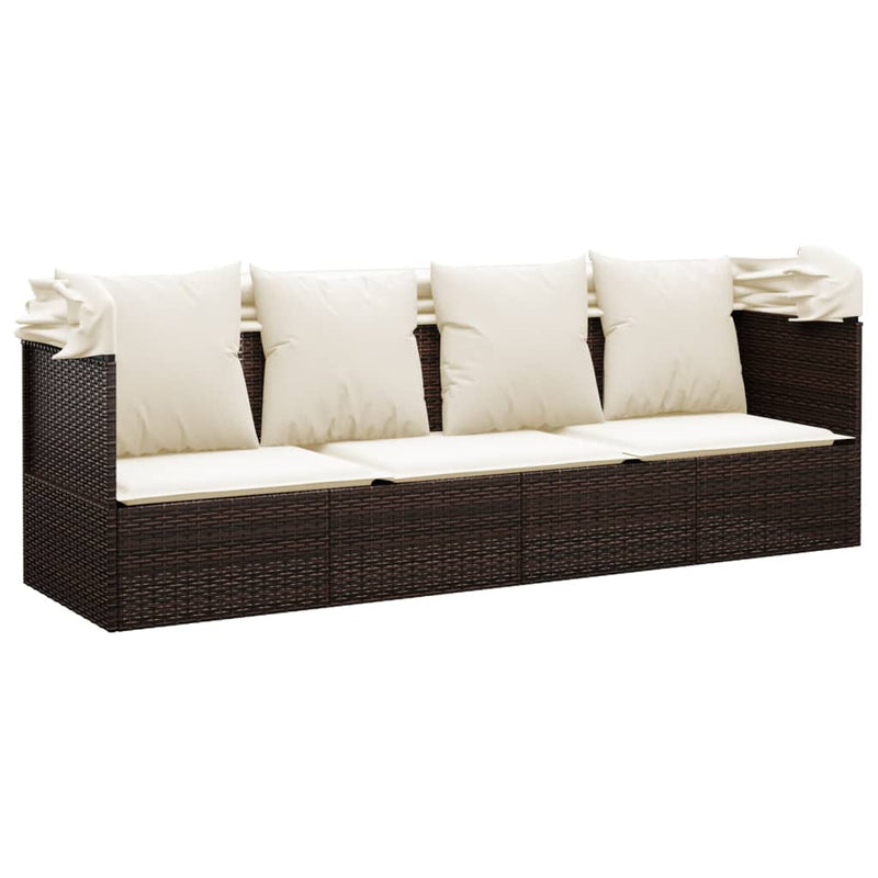 vidaXL Outdoor Lounge Bed with Roof and Cushions Brown Poly Rattan