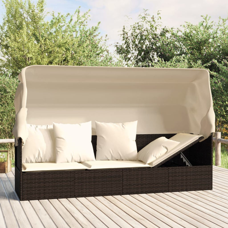 vidaXL Outdoor Lounge Bed with Roof and Cushions Brown Poly Rattan