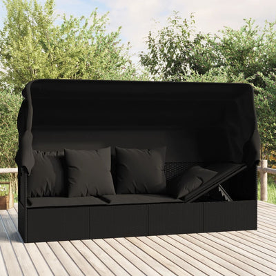 vidaXL Outdoor Lounge Bed with Roof and Cushions Brown Poly Rattan