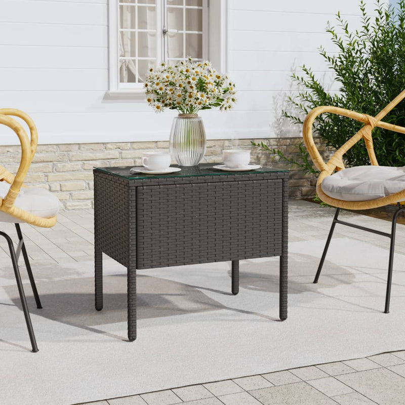 vidaXL Side Table Black 50x50x38 cm Poly Rattan and Tempered Glass