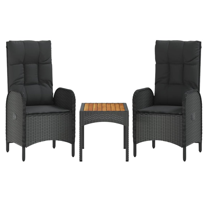 vidaXL 3 Piece Garden Lounge Set with Cushions Black Poly Rattan