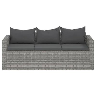 vidaXL 3-Seater Garden Sofa with Cushions Grey Poly Rattan