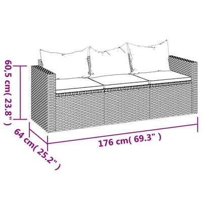 vidaXL 3-Seater Garden Sofa with Cushions Grey Poly Rattan