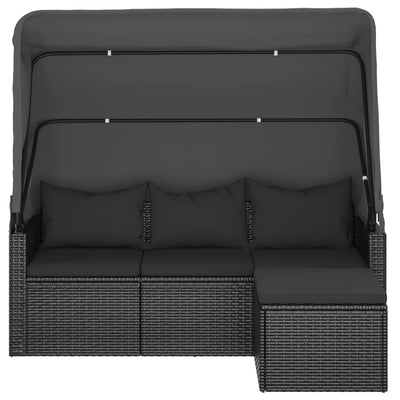 vidaXL 3-Seater Garden Sofa with Roof and Footstool Black Poly Rattan