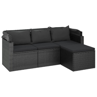 vidaXL 3-Seater Garden Sofa with Roof and Footstool Black Poly Rattan