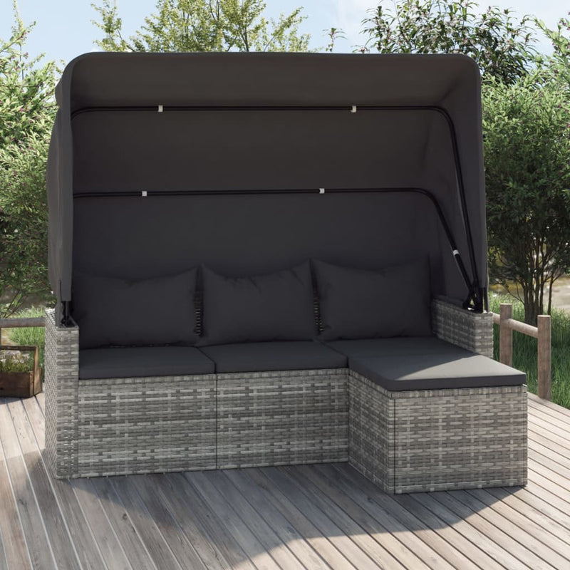 vidaXL 3-Seater Garden Sofa with Roof and Footstool Black Poly Rattan
