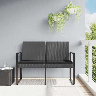 vidaXL 2-Seater Garden Bench with Cushions Black PP Rattan
