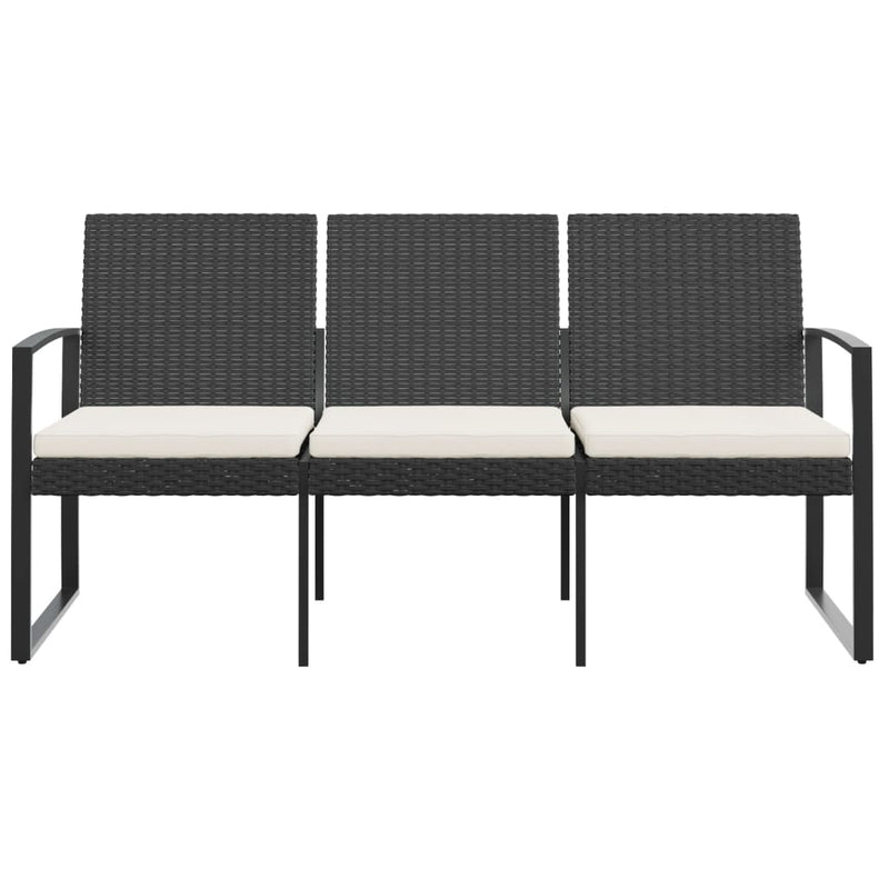 vidaXL 3-Seater Garden Bench with Cushions Black PP Rattan