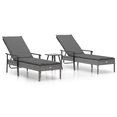 vidaXL Sun Loungers 2 pcs with Table and Cushions Grey Poly Rattan