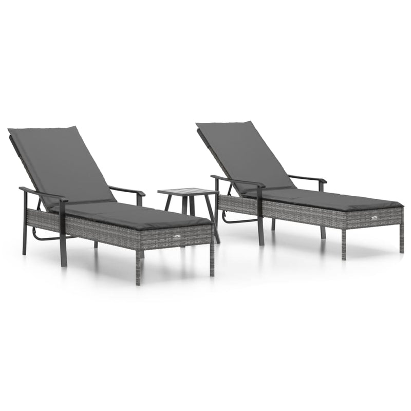 vidaXL Sun Loungers 2 pcs with Table and Cushions Grey Poly Rattan