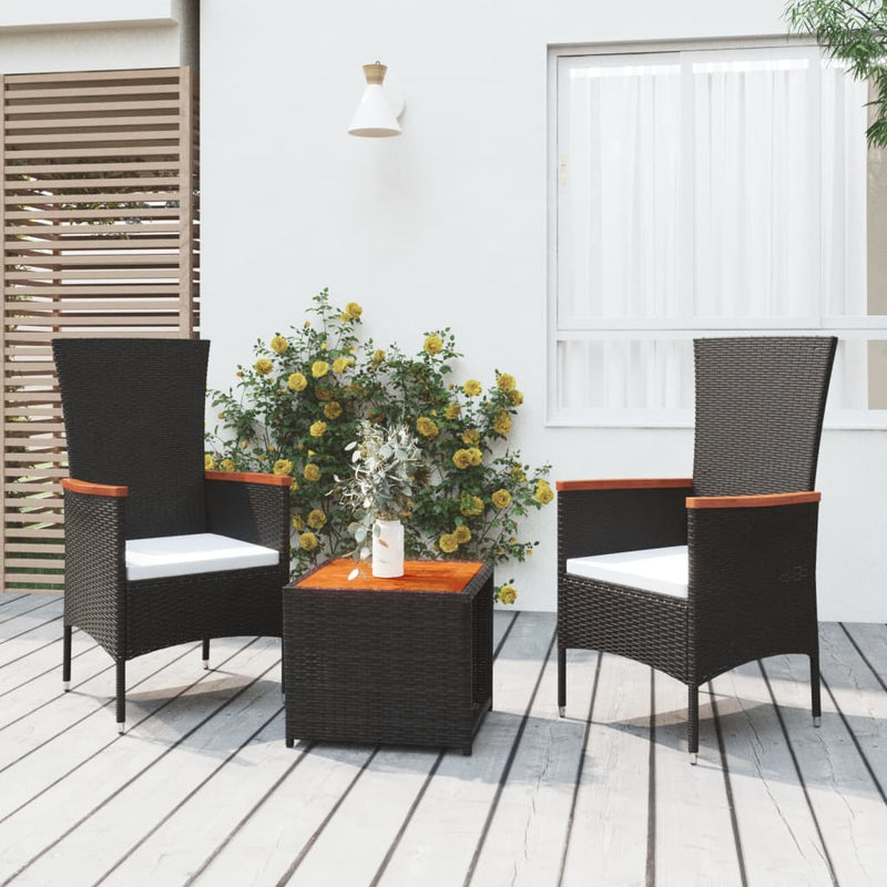 vidaXL 3 Piece Garden Lounge Set Black Poly Rattan&Solid Wood Acacia