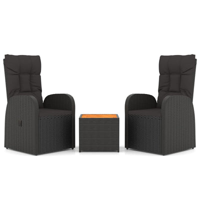 vidaXL 3 Piece Garden Lounge Set Black Poly Rattan&Solid Wood Acacia