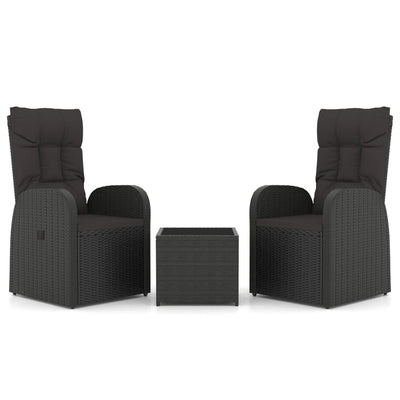 vidaXL 3 Piece Garden Lounge Set Black Poly Rattan&Steel